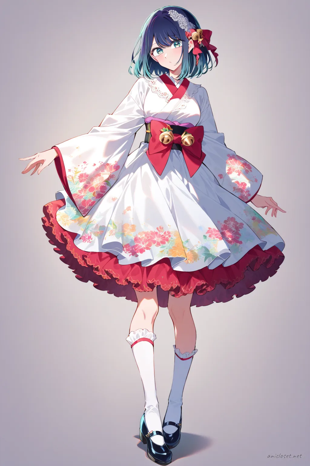 Illustration of Akane Kurokawa in a wa-Lolita dress with kimono sleeves, floral petticoat skirt, obi bow, and lace hair ornament, shown knee-up with soft studio lighting