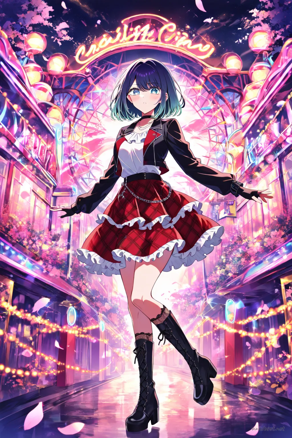 Full body illustration of Akane Kurokawa in punk Lolita outfit with red tartan skirt, black cropped jacket, and platform boots