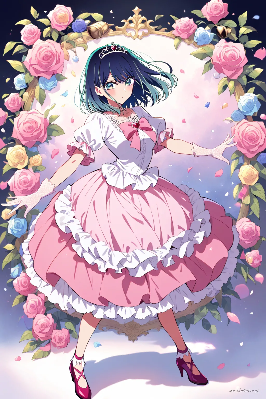 Full-body three-quarter view of Akane Kurokawa wearing a rose-pink hime Lolita princess dress with ruffles, pearl trim, tiara comb, bow heels, and knee socks against a clean background