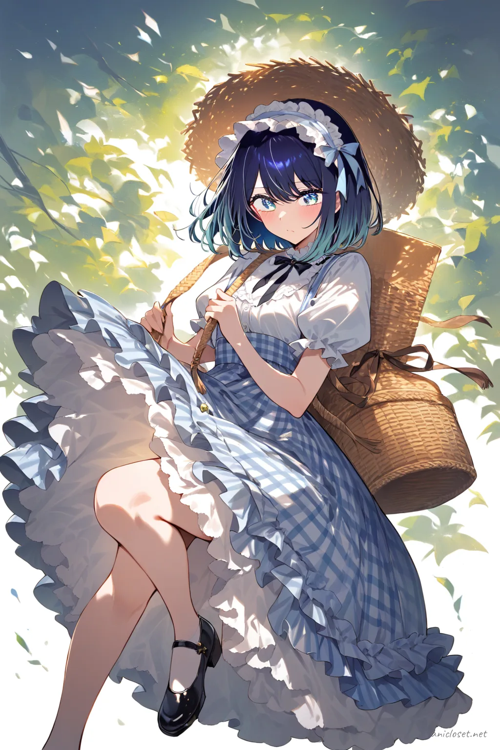 Illustration of Akane Kurokawa in a country Lolita gingham dress with straw bonnet, lace apron, basket bag, and mary janes on a clean studio backdrop
