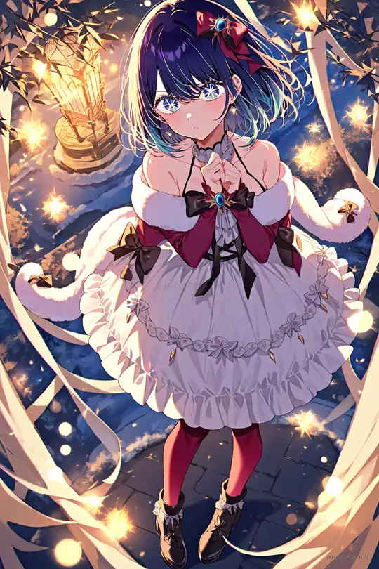 Full body illustration of Akane Kurokawa wearing a winter Lolita coat dress with faux-fur capelet, velvet bow, warm tights, and ankle boots