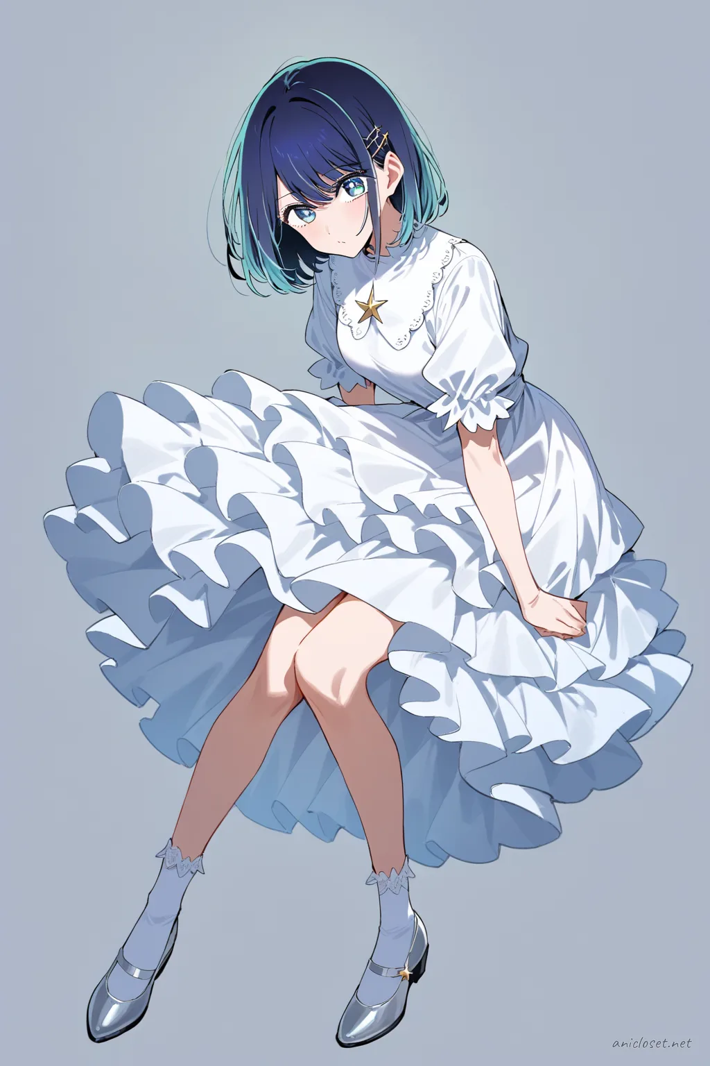 Full-body three-quarter view illustration of Akane Kurokawa wearing a navy Lolita dress with star embroidery, layered tulle skirt, moon brooch, silver shoes, white blouse with Peter Pan collar and puffed sleeves, white knee socks, on a simple studio background