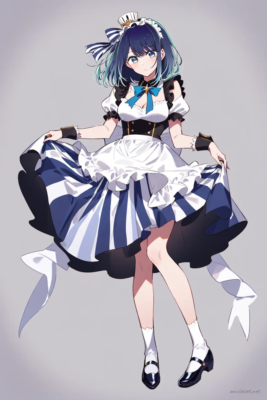 Illustration of Akane Kurokawa wearing a knee-length cafe maid dress with puff sleeves, ribbon apron, peter pan collar, frilled headband, and mary janes