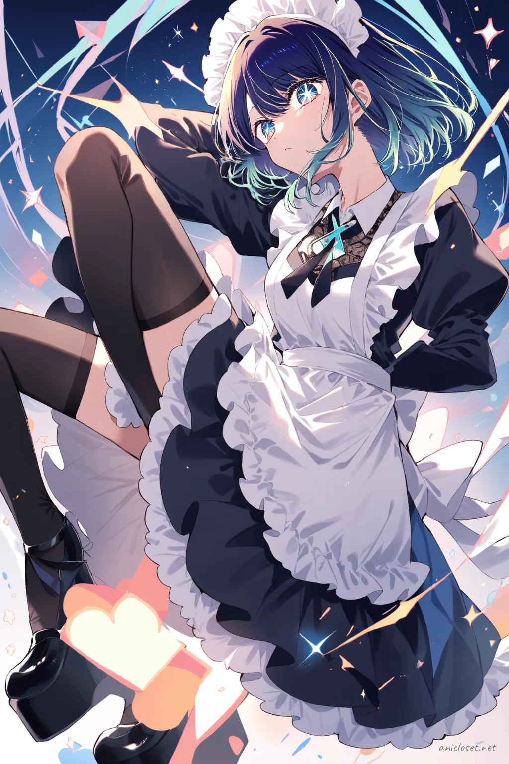 Illustration of Akane Kurokawa in a gothic maid dress with black lace, layered knee-length skirt, cross-tie ribbon, white apron, and platform shoes