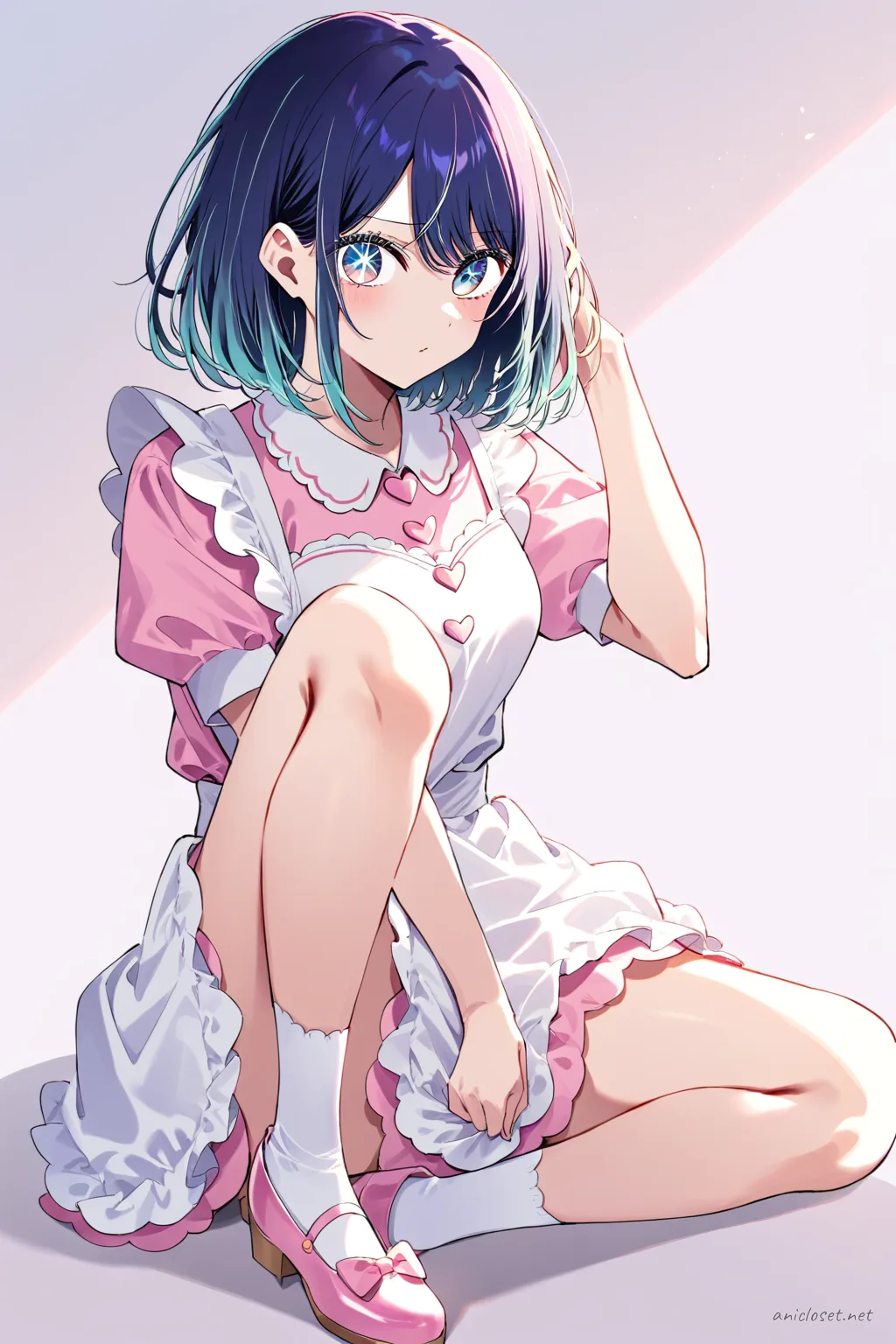 Full body illustration of Akane Kurokawa in pastel pink maid dress with scalloped white apron, heart-shaped buttons, puff sleeves, knee-length skirt, white lace trim, pink bow shoes, and white ankle socks, standing