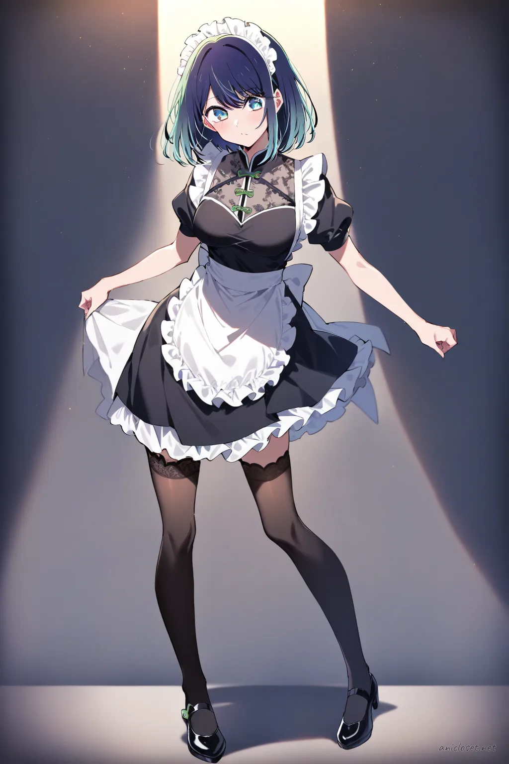 Illustration of Akane Kurokawa in a knee-up half-body maid outfit with qipao collar, short sleeves, plain apron, and frog buttons under soft studio lighting