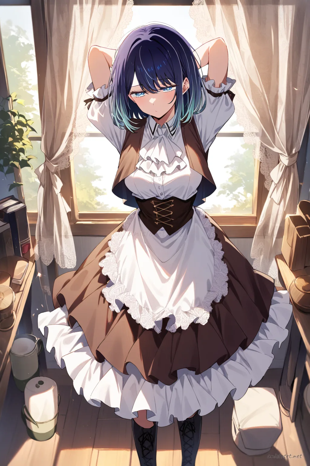 Illustration of Akane Kurokawa wearing a steampunk maid uniform with brown corset vest, layered skirt, white utility apron, puffed sleeves, and lace-up boots