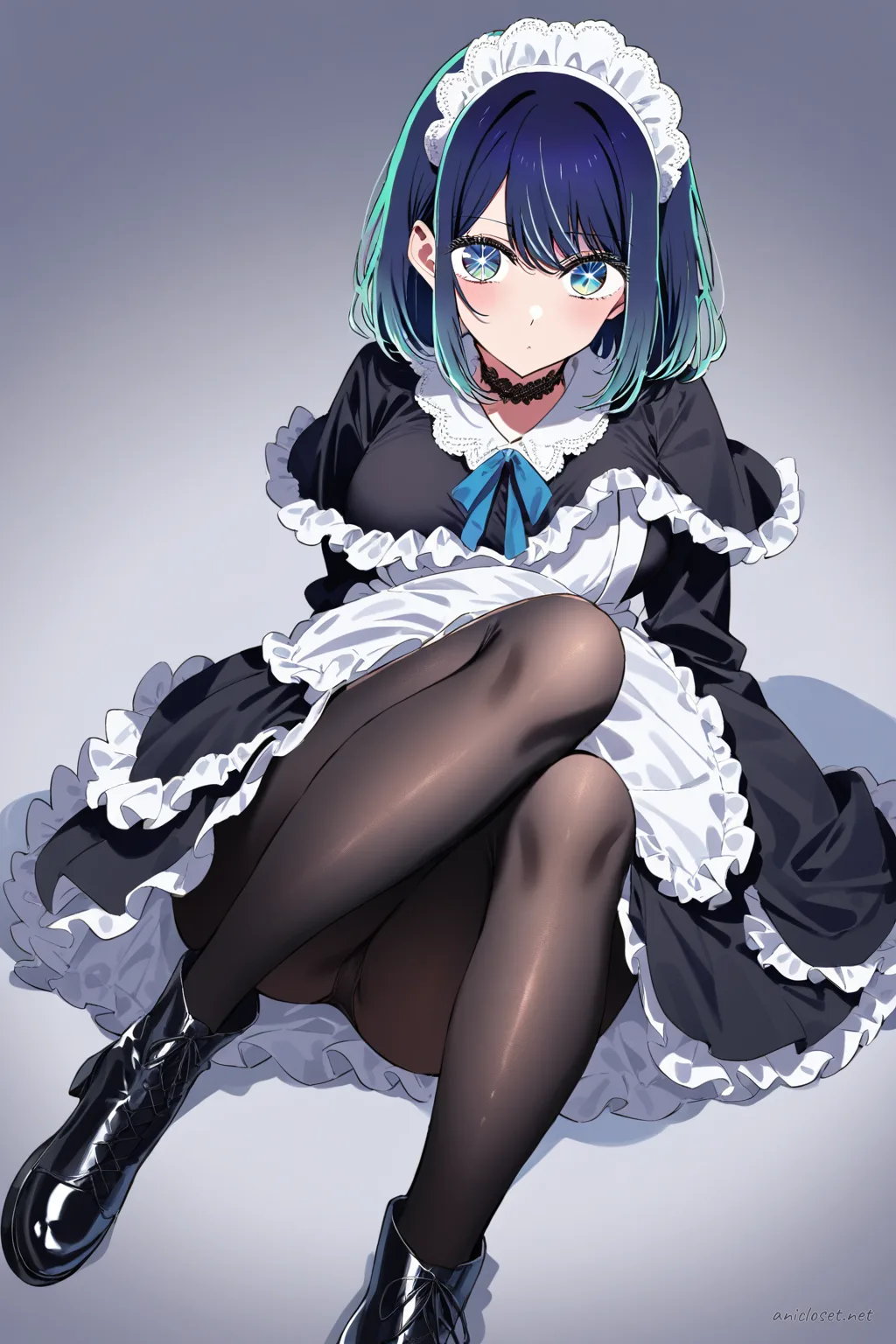 Illustration of Akane Kurokawa wearing a winter velvet long sleeve maid dress with warm ruffled apron, capelet, opaque tights, and black ankle boots