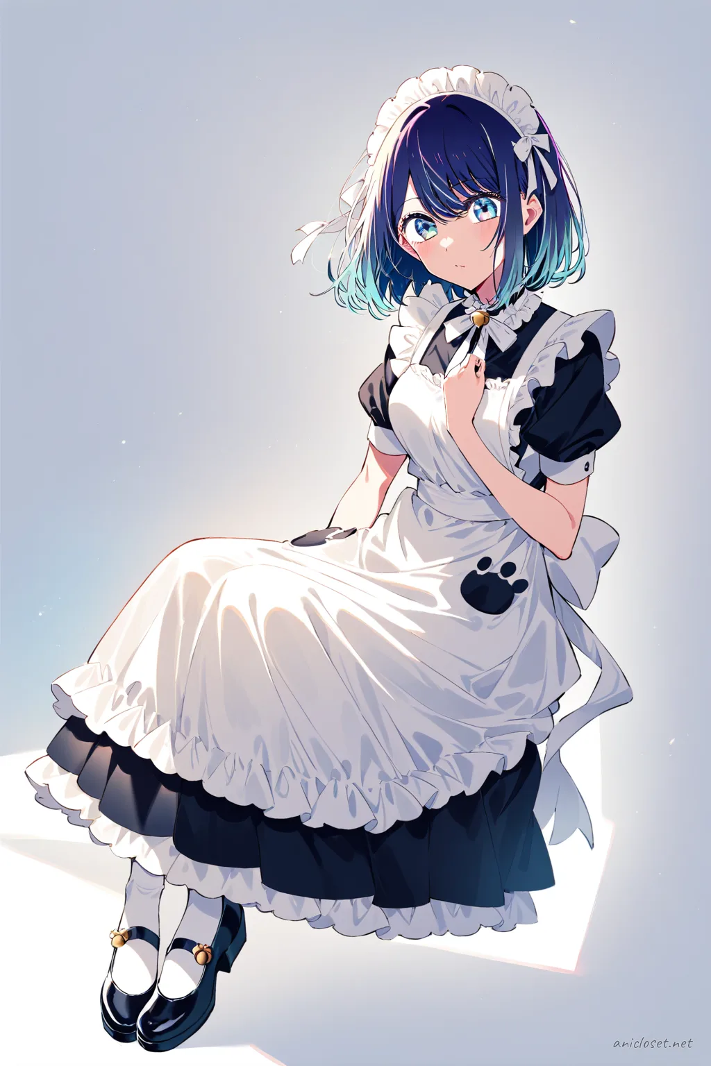 Illustration of Akane Kurokawa wearing a black maid dress with white apron featuring paw-print pockets, bell neck ribbon, puff sleeves, knee-high socks, and black mary janes