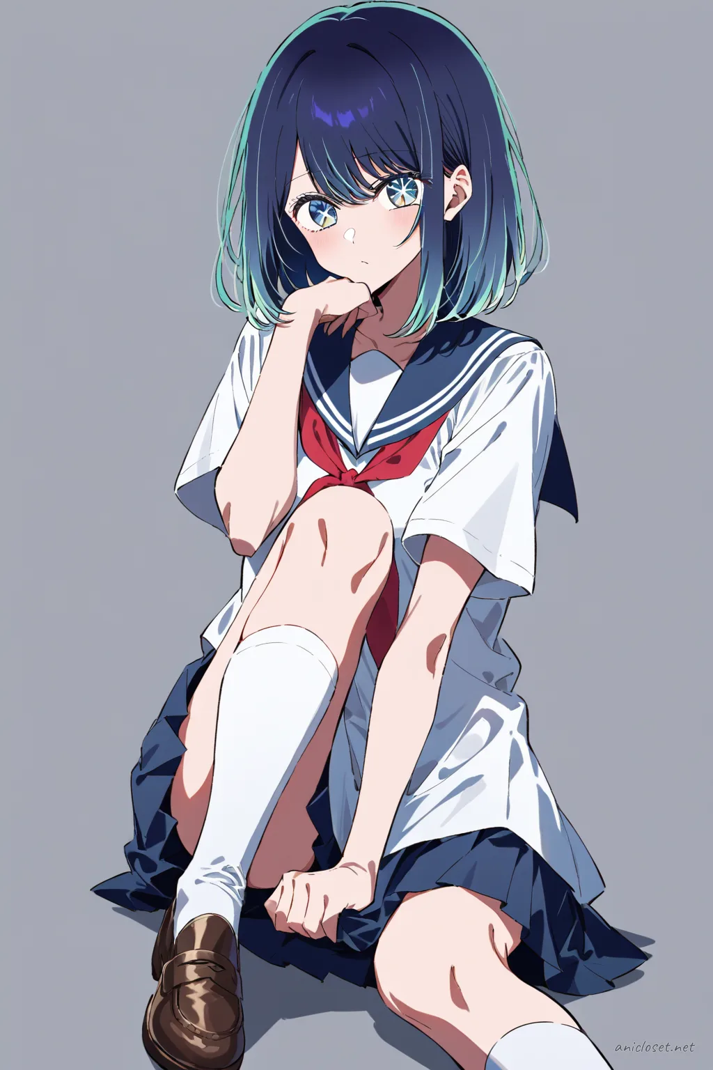 Illustration of Akane Kurokawa in navy sailor collar blouse, red neckerchief, and pleated skirt