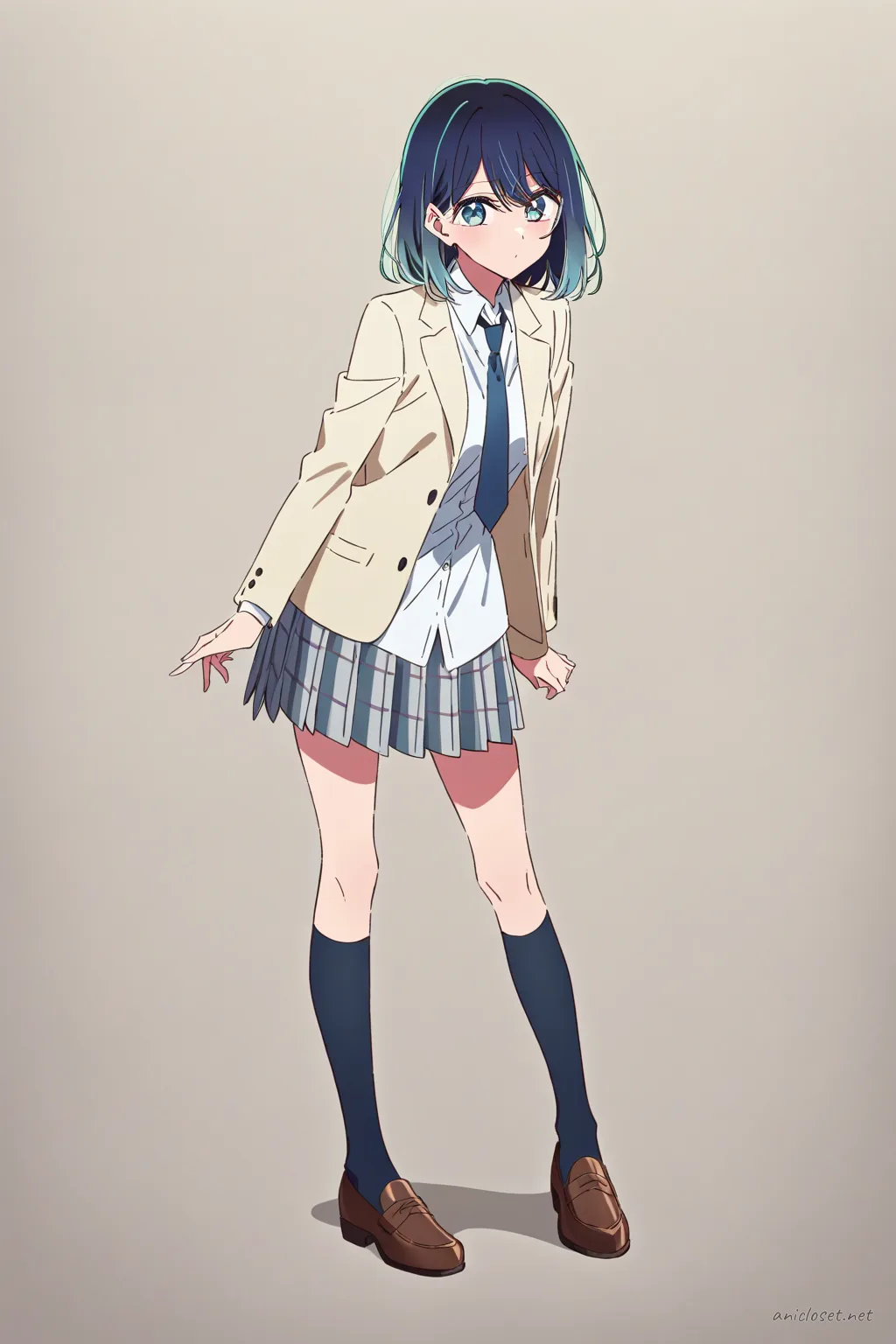 Full-body three-quarter view of Akane Kurokawa wearing a beige blazer, necktie, plaid pleated skirt, black thighhigh socks with gap, and loafers