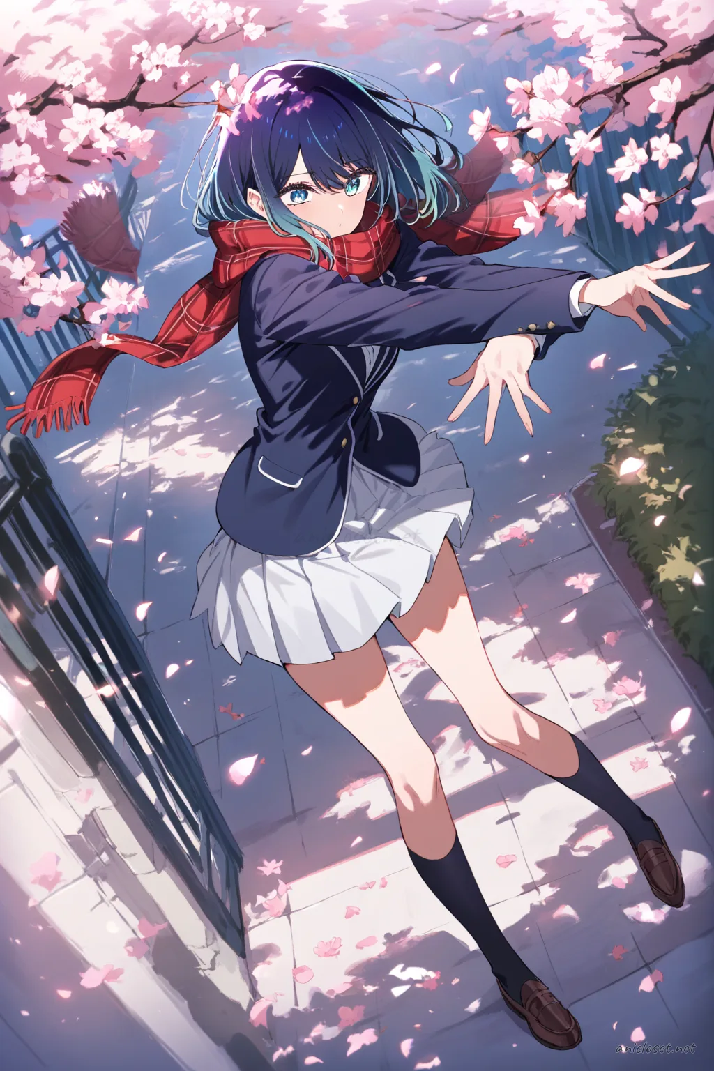 Full body front view of Akane Kurokawa in a cherry-red short blazer, cropped white shirt, high-waist pleated mini skirt, ribbon necktie, and loafers