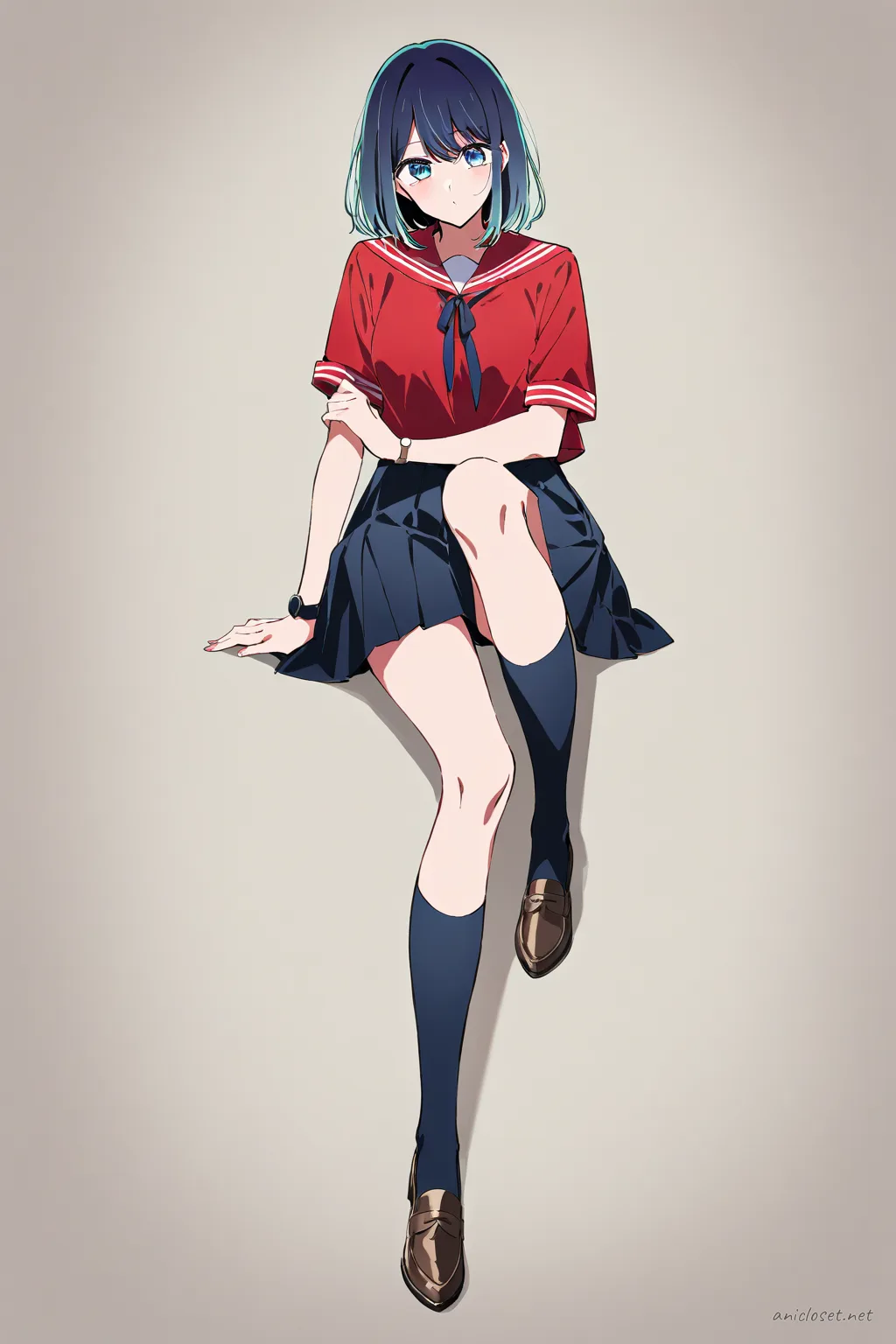 Illustration of Akane Kurokawa in summer sailor uniform with short sleeves, red ribbon, pleated skirt, knee socks, and loafers