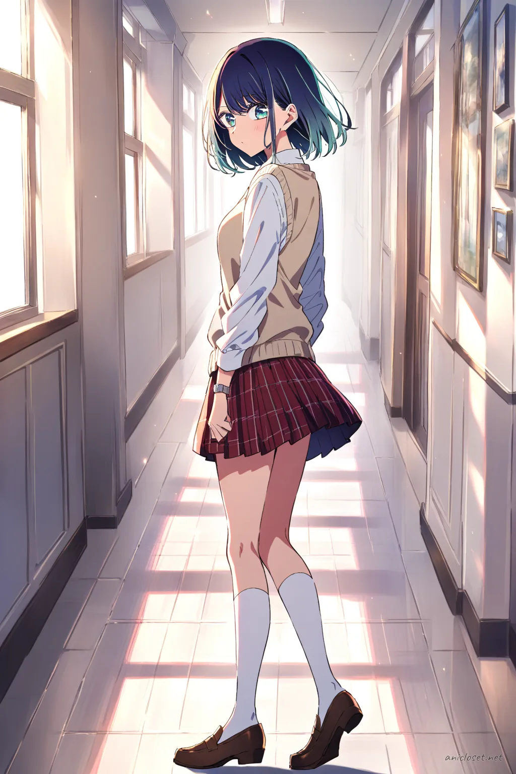 Illustration of Akane Kurokawa wearing a beige sweater vest over a white button-up shirt, plaid pleated skirt, navy over-the-knee socks, and brown loafers