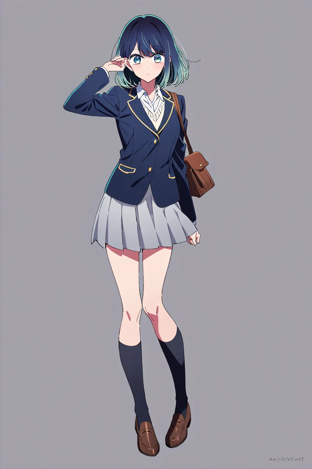 Illustration of Akane Kurokawa in school outfit with white blouse, navy blue v neck sweater, long pleated skirt, brown loafers, and knee socks