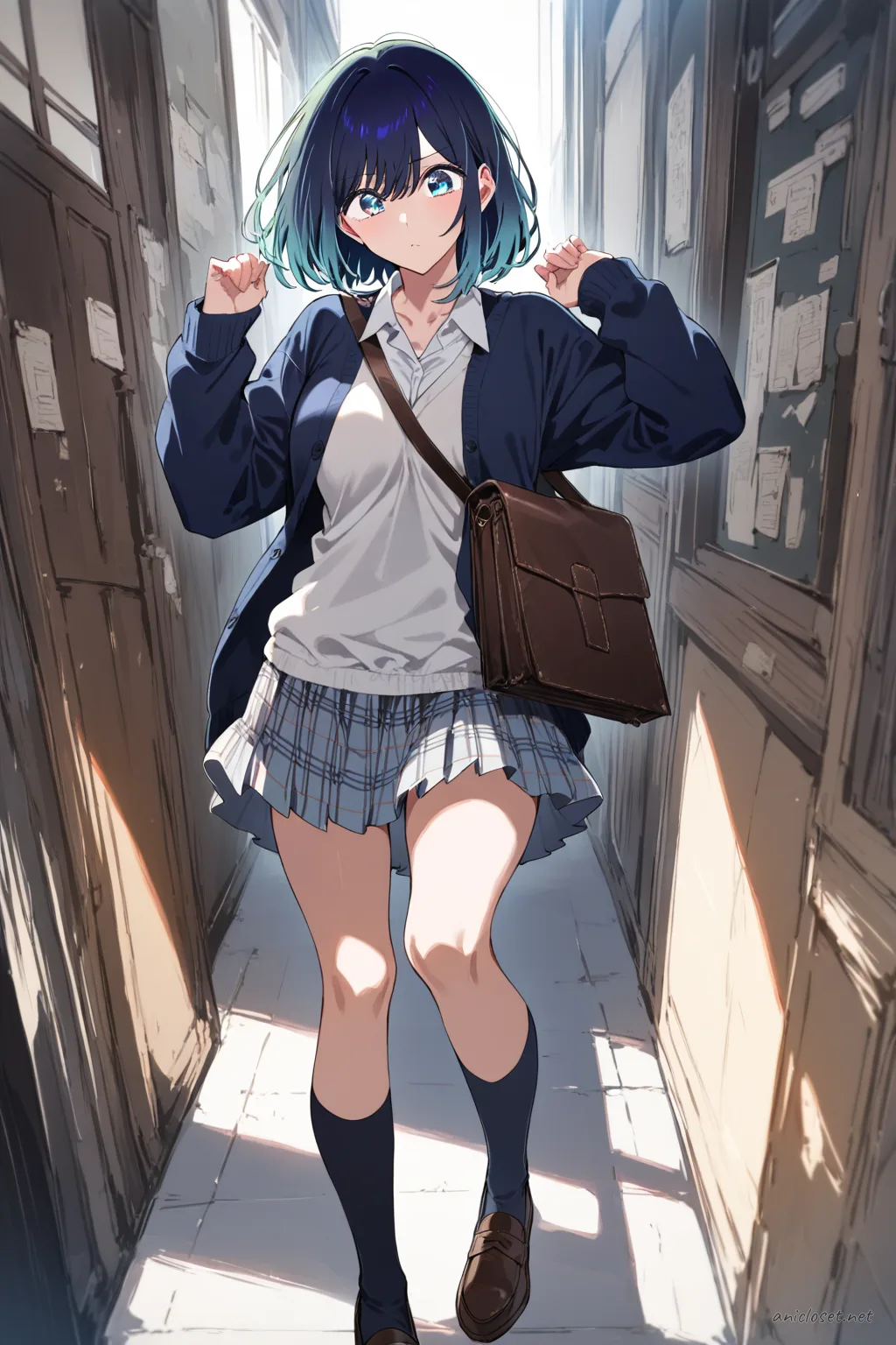 Illustration of Akane Kurokawa in a navy cardigan, white blouse, plaid skirt, knee-high socks, brown loafers, and carrying a leather book bag, front view cowboy shot