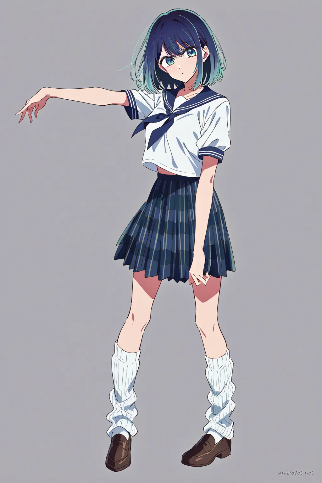 Illustration of Akane Kurokawa in a checkered pleated skirt serafuku with white sailor collar and loose white knee socks, knee-up half-body view