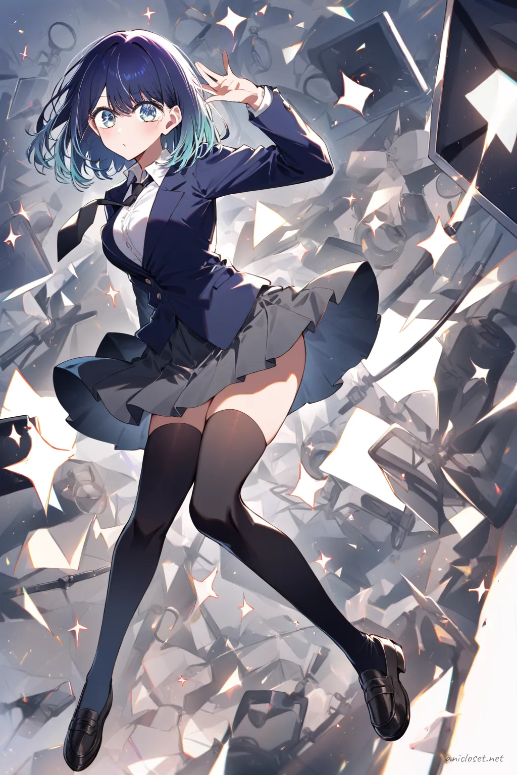 Akane Kurokawa in black blazer, white button-up shirt, black necktie, black skirt, black thigh-high socks, and black loafers, posed in full-body fashion stance against a clean gradient backdrop with soft studio lighting
