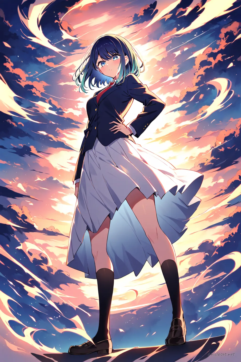 Full-body three-quarter view of Akane Kurokawa in black blazer, white dress shirt, red necktie, black pleated skirt, black knee-high socks, and black loafers, posed with hand on hip under golden-hour backlight with floating dust motes