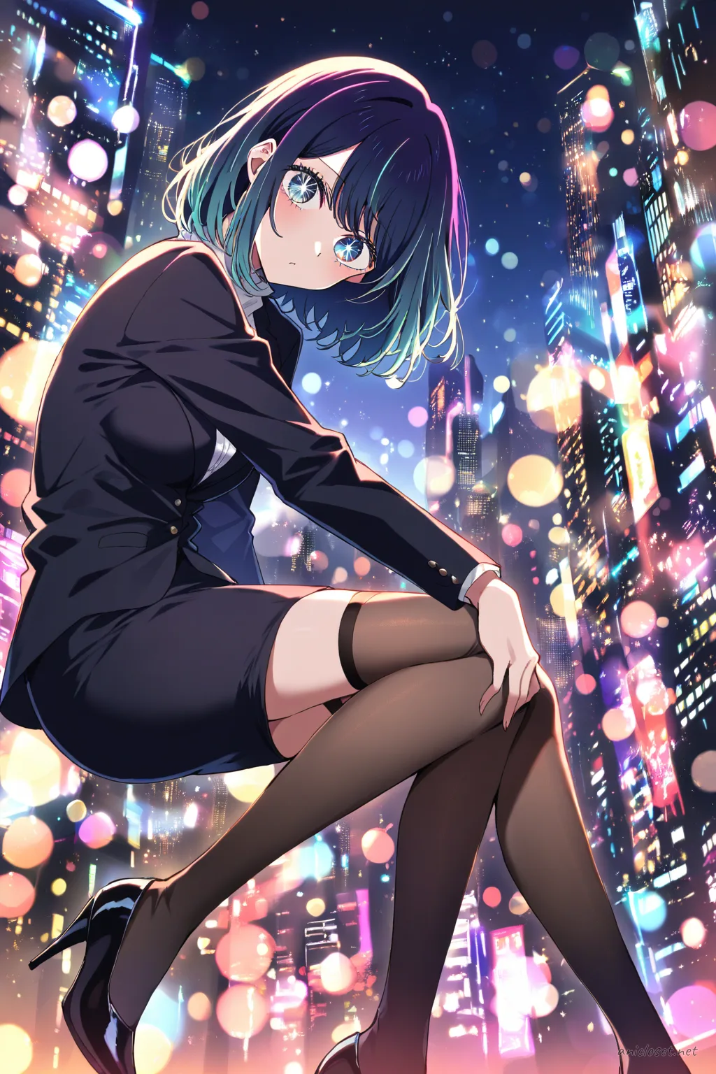 Akane Kurokawa in black blazer, white dress shirt, black necktie, black pleated skirt, and thighhigh stockings, three-quarter turn pose with neon city night bokeh background
