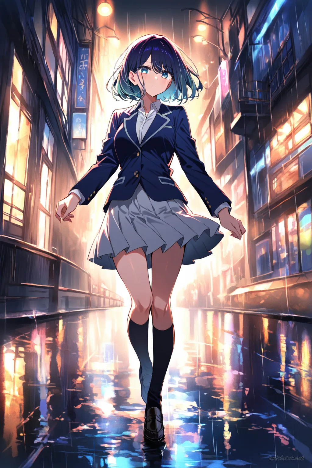 Full-body three-quarter view illustration of Akane Kurokawa in navy blazer, white blouse, pleated skirt, knee-high socks, and black loafers, mid-stride on a rain-wet street with cool blue rim lighting