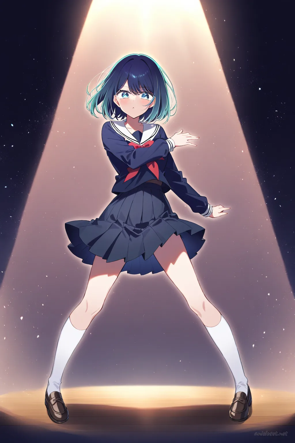 Full-body illustration of Akane Kurokawa in black sailor uniform with white collar and red neckerchief, standing in weight-shift contrapposto pose under dramatic spotlight on dark stage