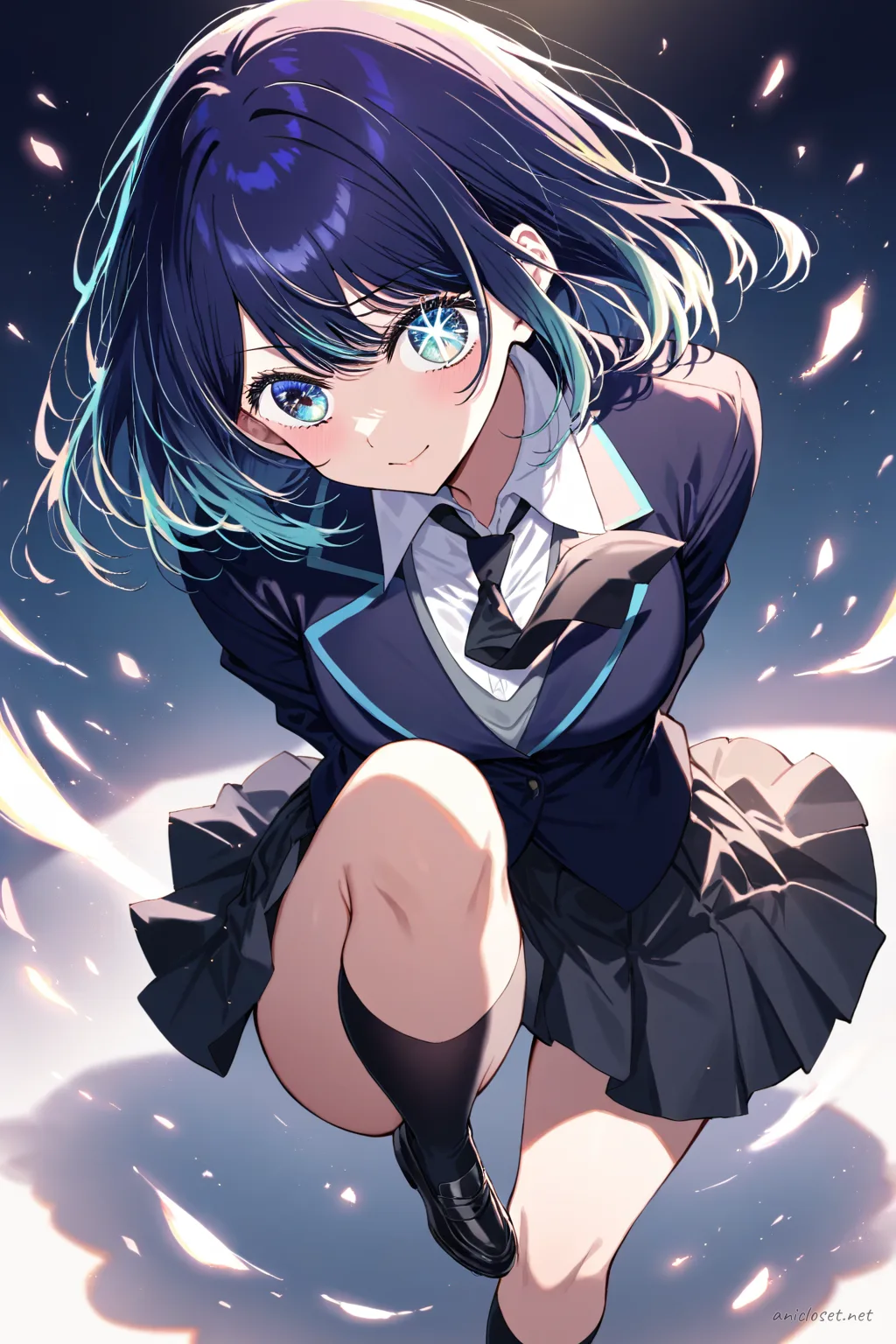 Illustration of Akane Kurokawa in black blazer, white blouse, and pleated skirt with arms behind back, sunbeam lighting, and floating dust particles