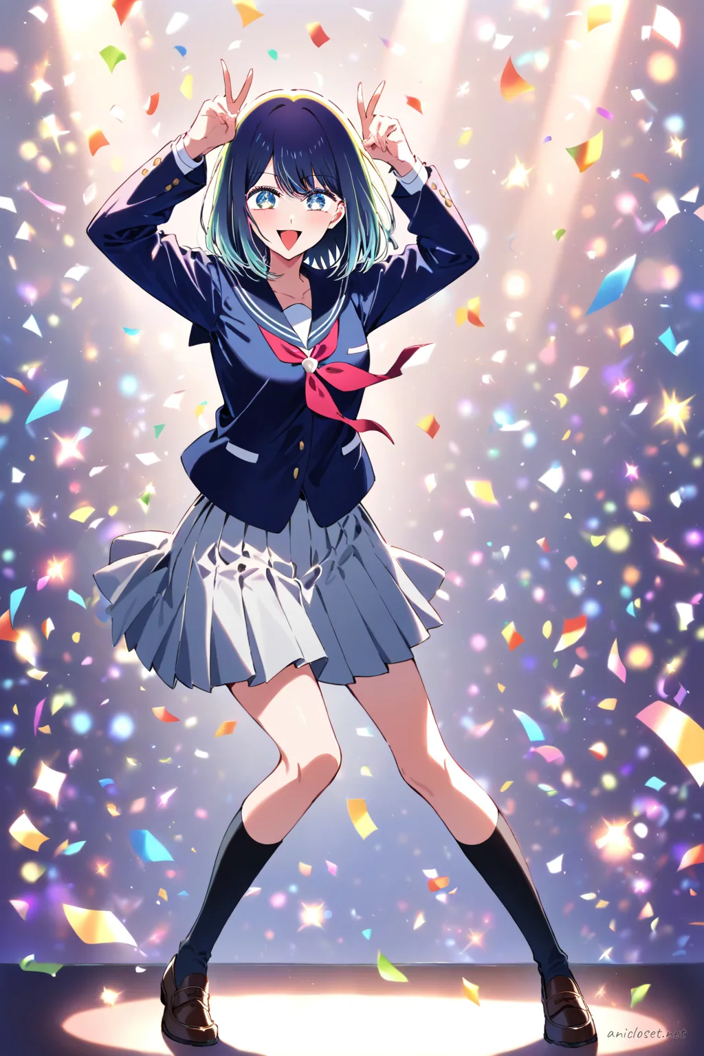 Full-body three-quarter view of Akane Kurokawa in pleated skirt and sailor collar blouse, striking a playful peace-sign jump-stop pose with confetti and festival lights