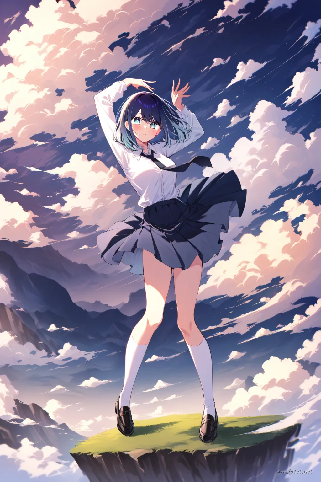 Full-body three-quarter view illustration of Akane Kurokawa in black sailor collar blouse, white neckerchief, black pleated skirt, knee-high socks, and loafers with wind-blown fabric on a cliffside under cinematic clouds