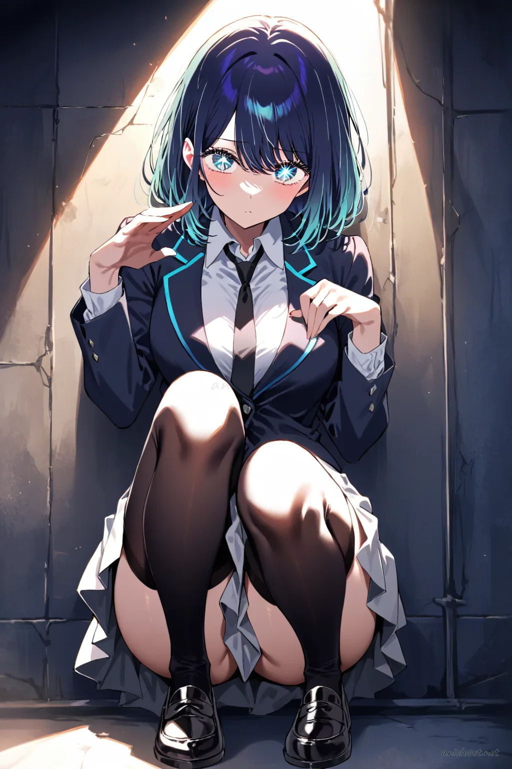 Akane Kurokawa in black blazer, white dress shirt, black necktie, pleated skirt, black thighhigh stockings, and black loafers, leaning against wall with hip-hand pose under neon rim light in moody alley