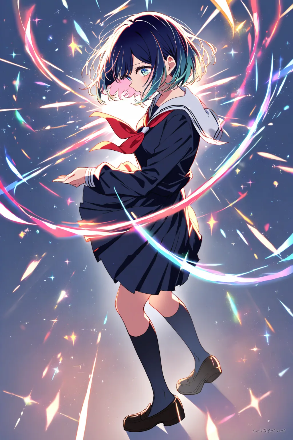 Full-body three-quarter view of Akane Kurokawa in black sailor uniform with white collar and red neckerchief, back pose with magical sparkles