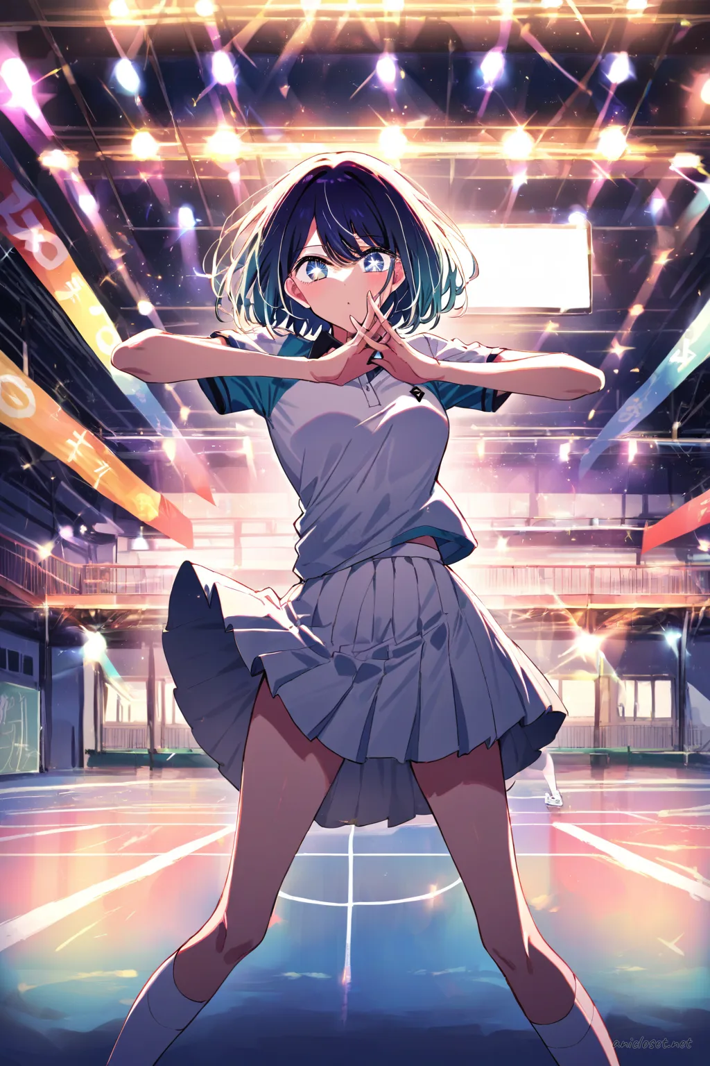 Illustration of Akane Kurokawa wearing a tennis polo shirt, knee-length pleated skirt, white sneakers, standing calmly on an outdoor tennis court