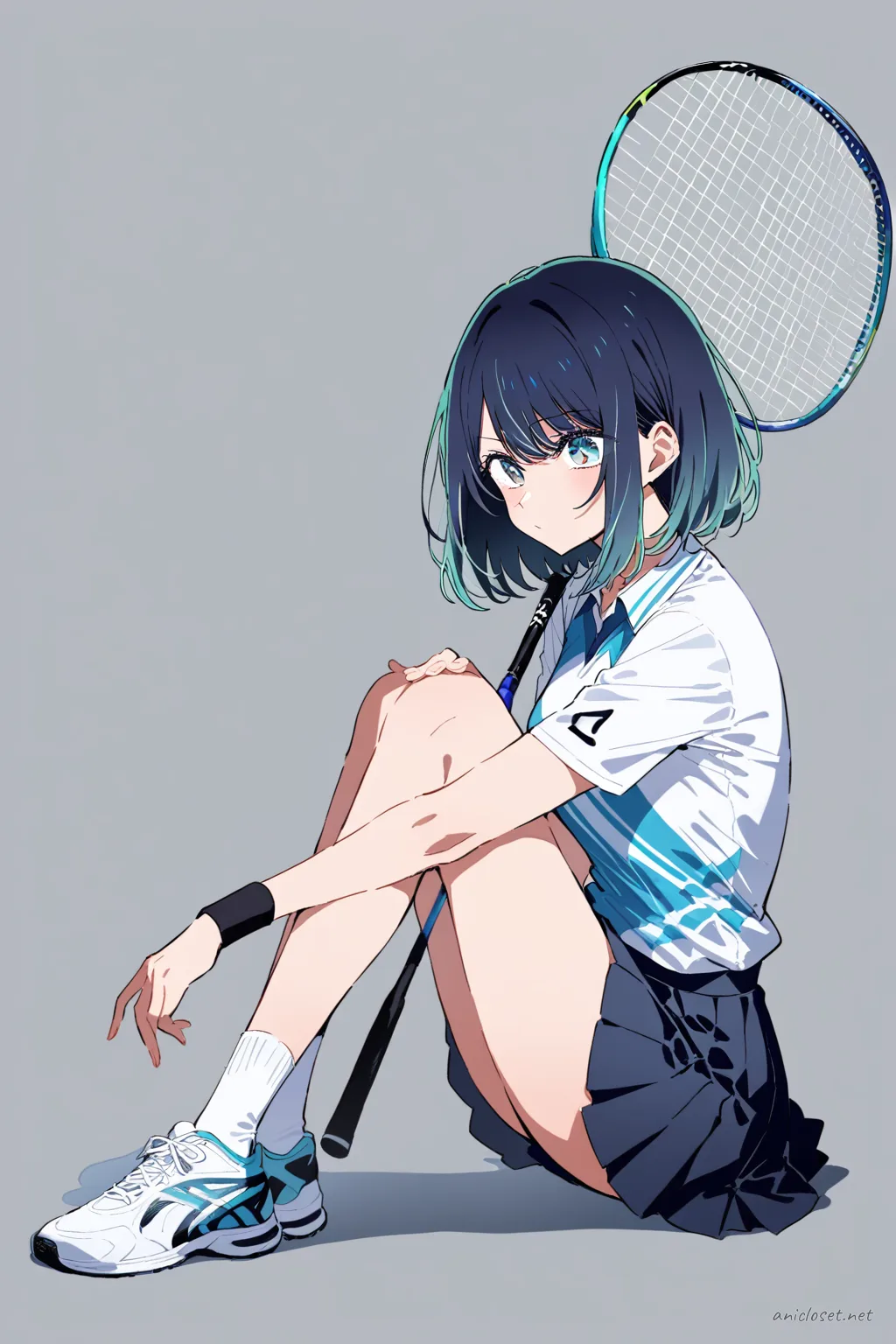 Full-body illustration of Akane Kurokawa in badminton club sportswear, standing with athletic sneakers and wristband in a clean studio