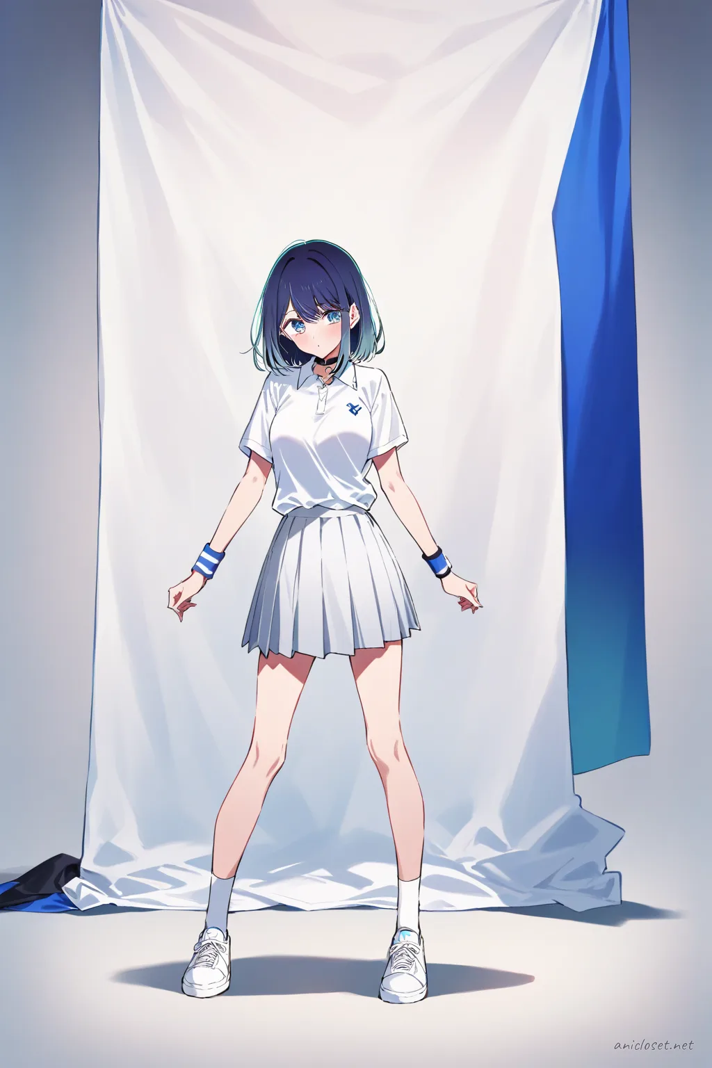 Full-body illustration of Akane Kurokawa in sportswear with short pleated skirt, white polo shirt, ankle socks, tennis sneakers, and wrist sweatband on a clean studio background