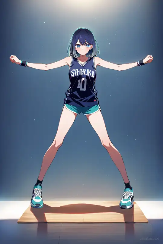 Full-body illustration of Akane Kurokawa wearing a sleeveless basketball jersey and short athletic shorts with sneakers, standing against a clean studio backdrop