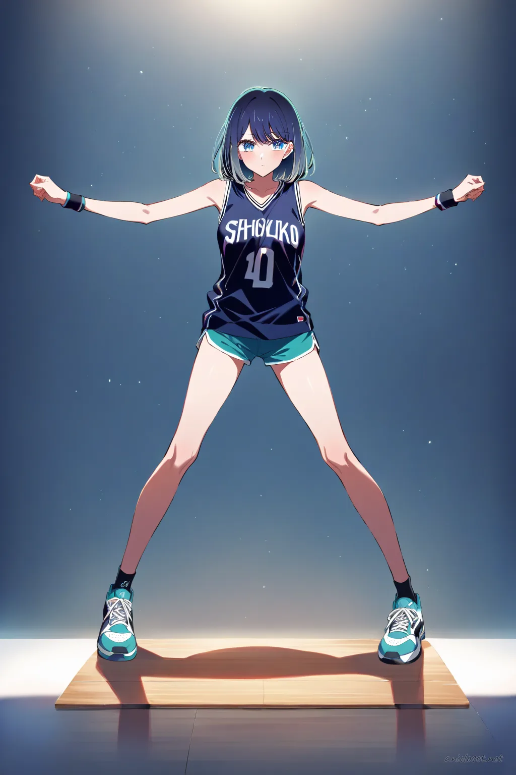 Full-body illustration of Akane Kurokawa wearing a sleeveless basketball jersey and short athletic shorts with sneakers, standing against a clean studio backdrop