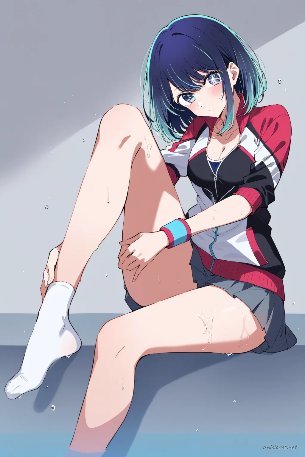 Akane Kurokawa in a one-piece competitive swimsuit with team jacket half-on, water droplets on skin, knee-up half-body view