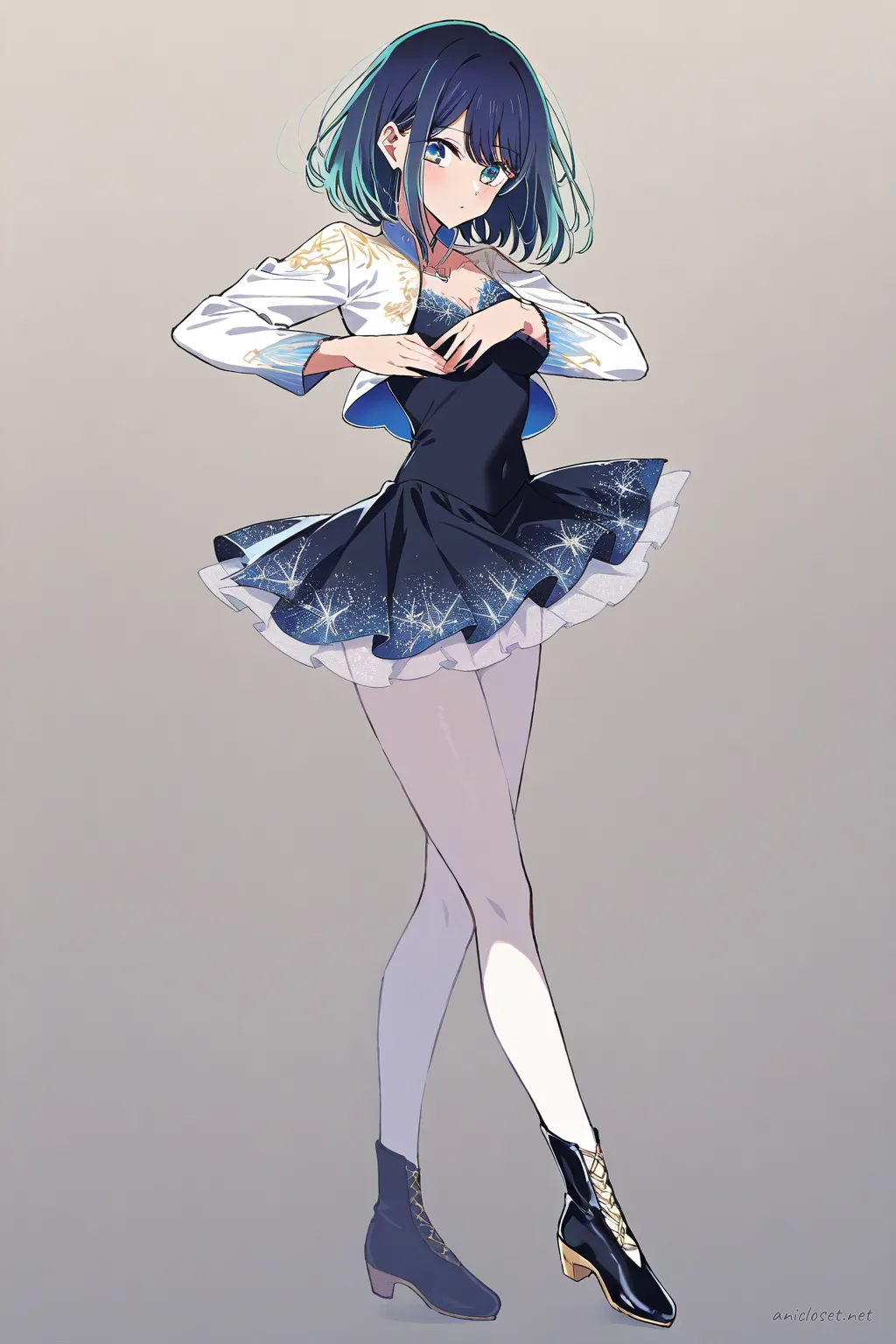 Full-body three-quarter view of Akane Kurokawa wearing a figure skating practice jacket, short skating dress, ice skating tights, and boots
