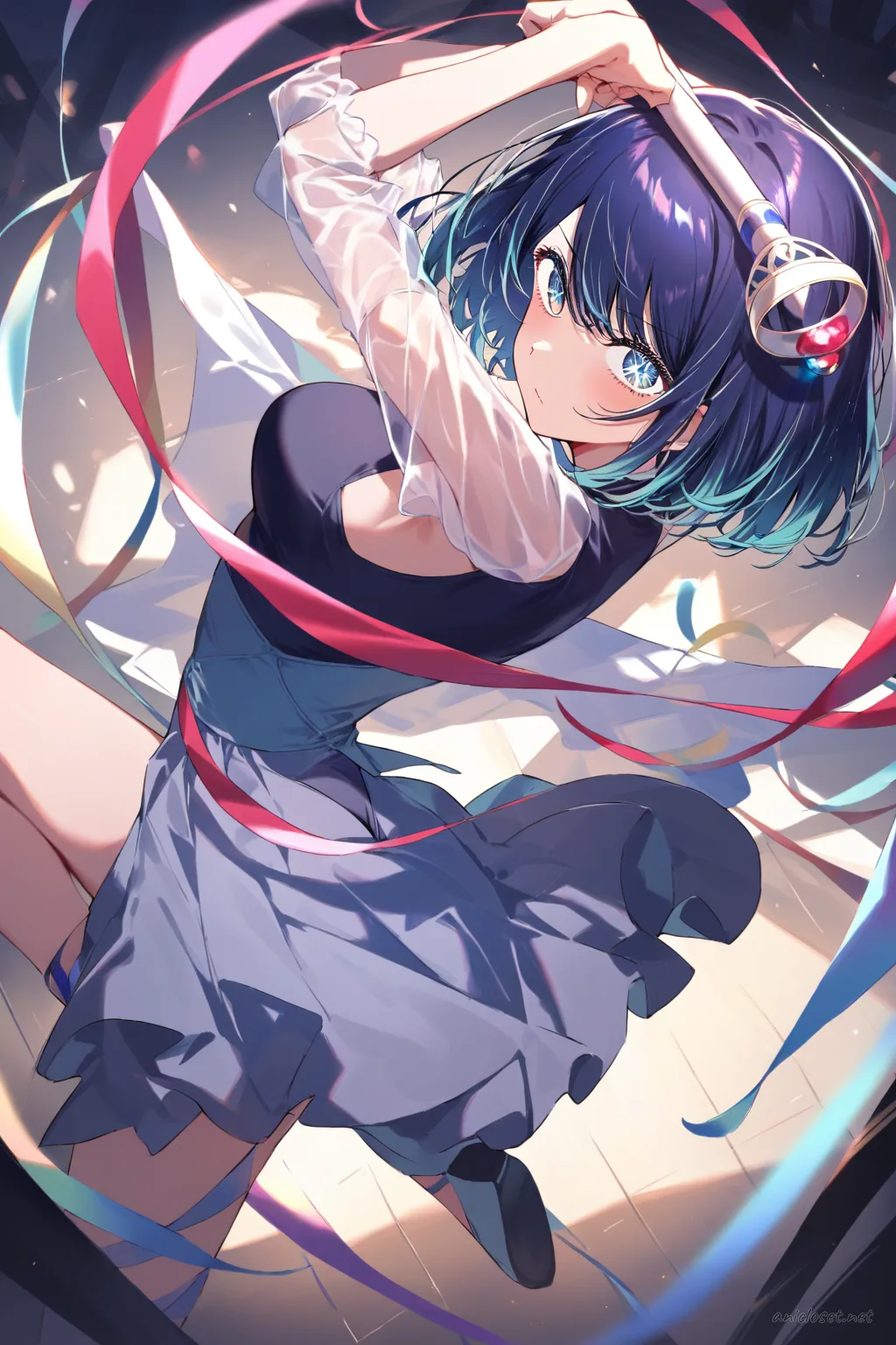 Akane Kurokawa knee-up illustration wearing rhythmic gymnastics leotard with short wrap skirt and holding ribbon wand under soft studio lighting