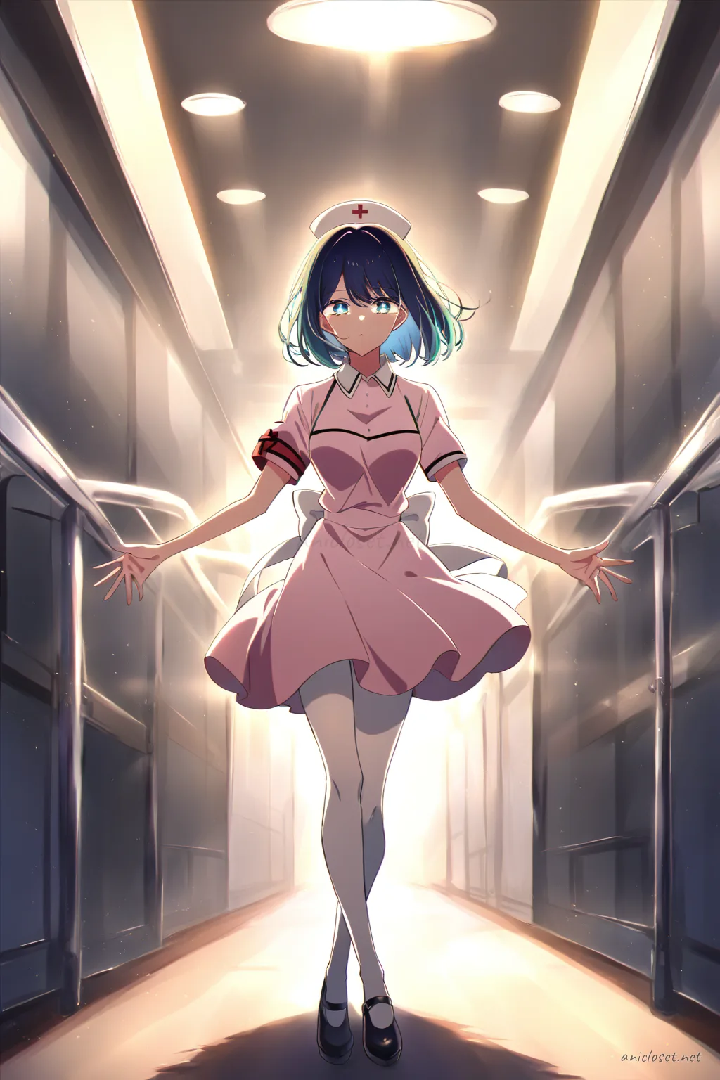 Illustration of Akane Kurokawa wearing a moe nurse uniform dress with a short hem, nurse cap, red cross armband, sheer white tights, and mary janes