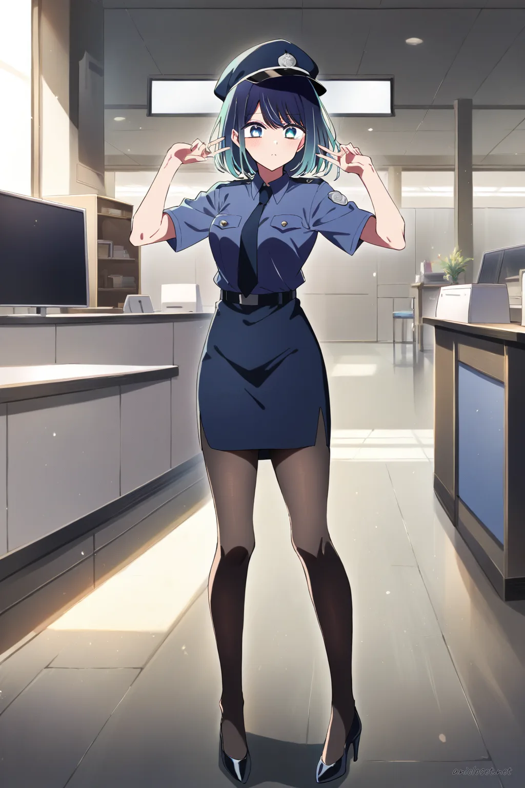 Illustration of Akane Kurokawa in Japanese koban patrol uniform with navy jacket, peaked cap, pencil skirt, and utility belt, front cowboy shot