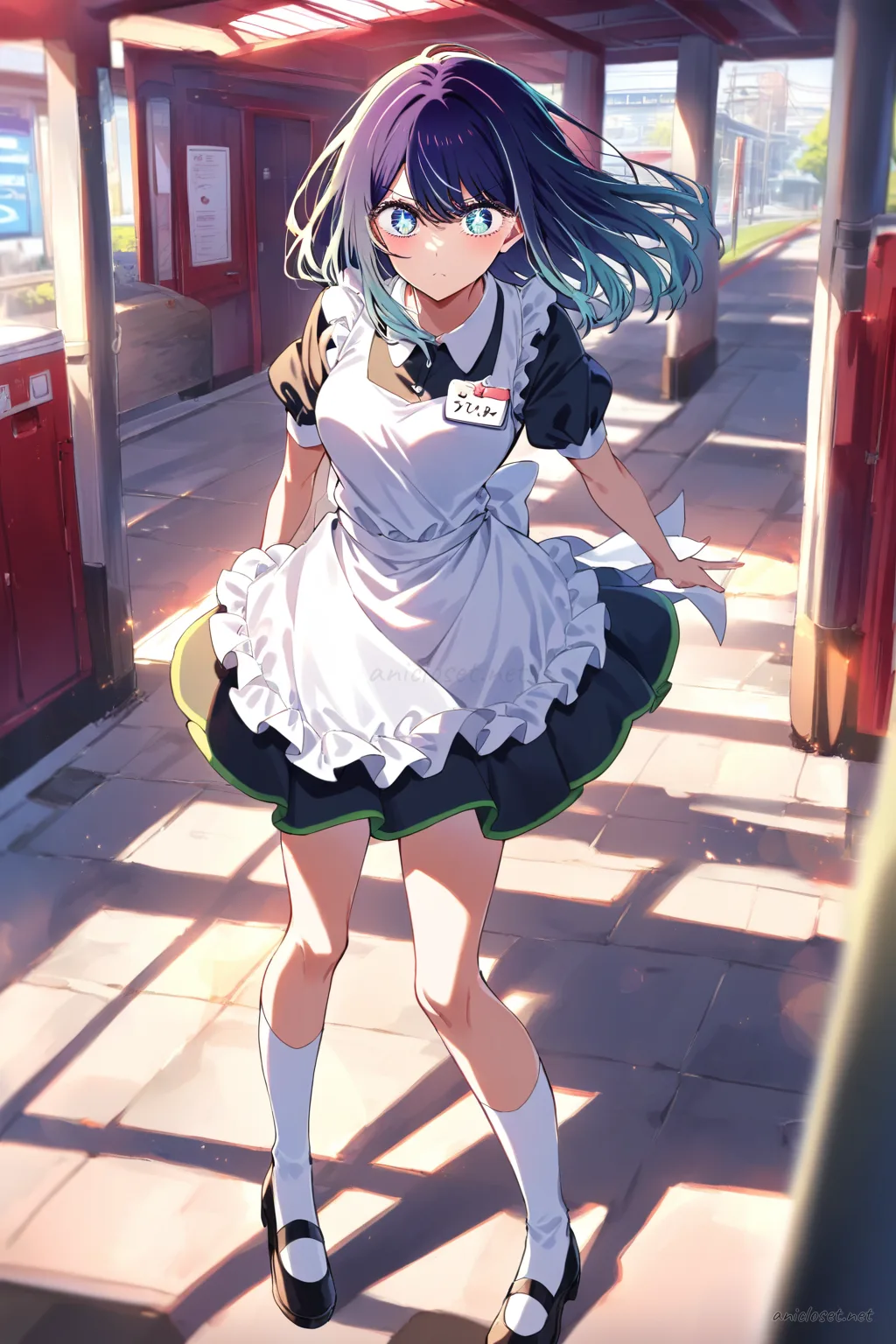 Full body illustration of Akane Kurokawa in a short sleeve waitress dress with white short apron, knee socks, and mary janes, depth of field on shoes