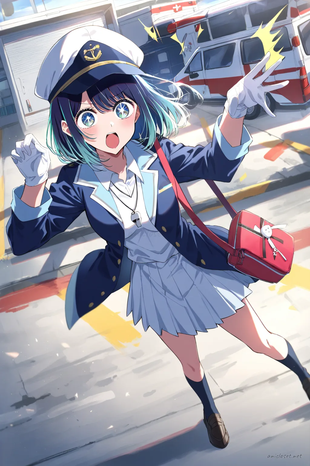 Full body front view of Akane Kurokawa in navy jacket, short pleated skirt, navy cap, white gloves, knee socks, and black loafers