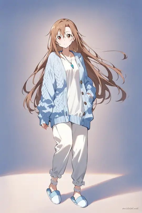 Full-body illustration of Asuna Yuuki in oversized cardigan and soft pants, standing in a clean studio setting with slippers and simple necklace