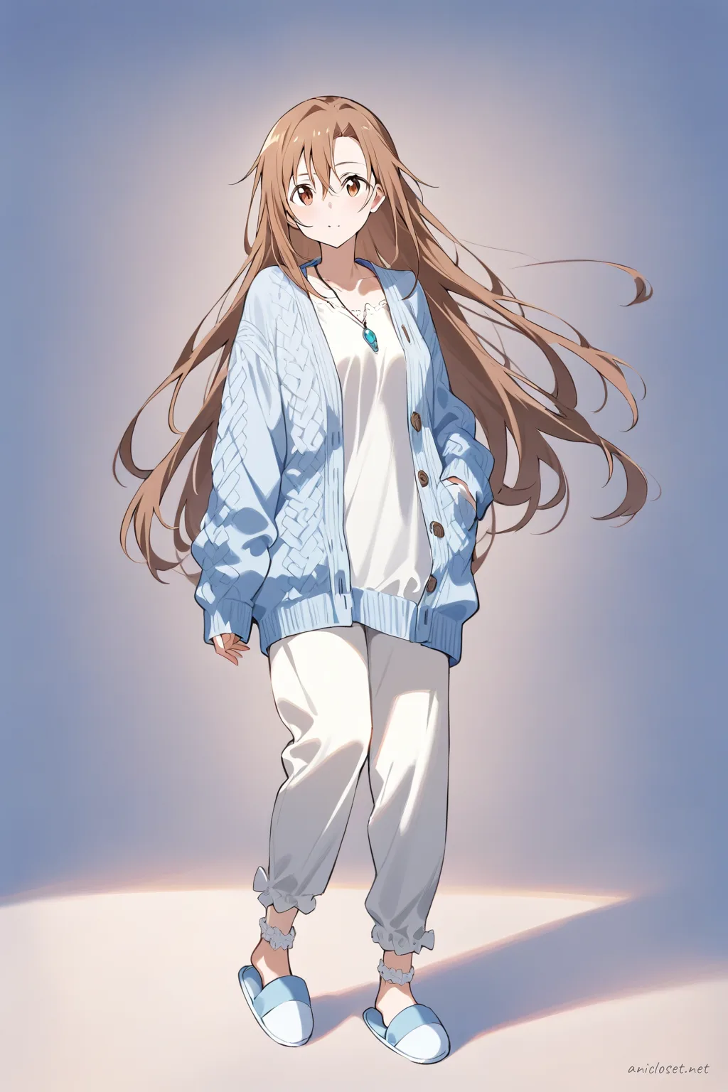 Full-body illustration of Asuna Yuuki in oversized cardigan and soft pants, standing in a clean studio setting with slippers and simple necklace