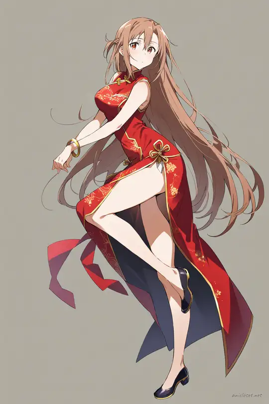 Full-body three-quarter view of Asuna Yuuki wearing a classic red qipao with gold trim, frog buttons, and modest hem, black flats, simple gold bracelet