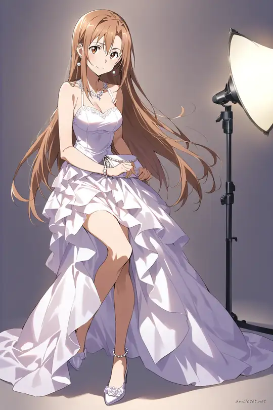 Half-body illustration of Asuna Yuuki wearing a floor-length satin evening gown with a sweetheart neckline and slit skirt, holding a clutch bag against a plain background