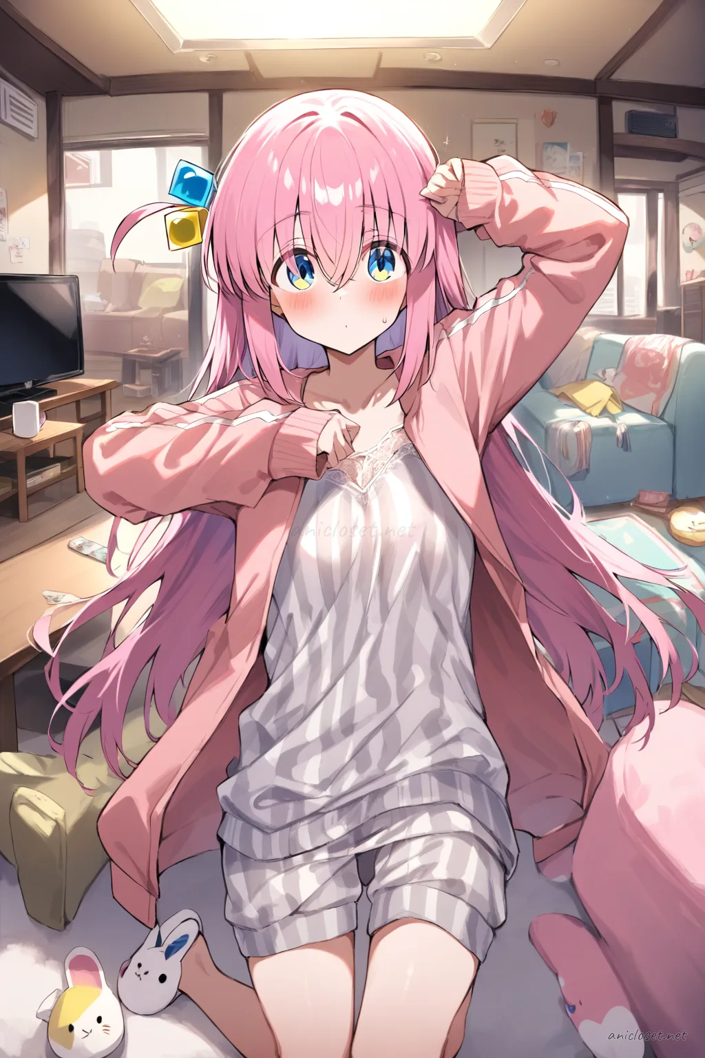 Illustration of Hitori Gotoh sitting sideways on a window seat wearing a chunky oversized cardigan over a lace camisole, soft striped pajama pants, and bunny slippers while holding a steaming mug in afternoon light