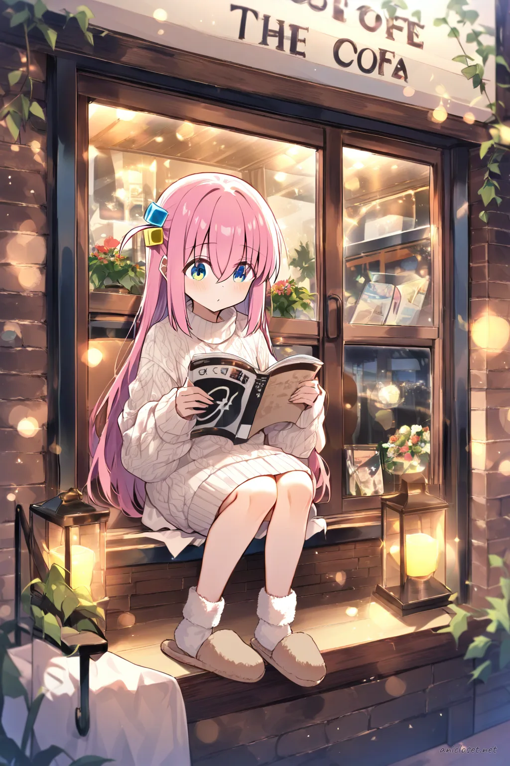 Full body front view illustration of Hitori Gotoh wearing a cream cable knit sweater dress with brown leather belt, fuzzy knee socks, and beige house slippers, curling on a sofa with an open magazine and throw blanket