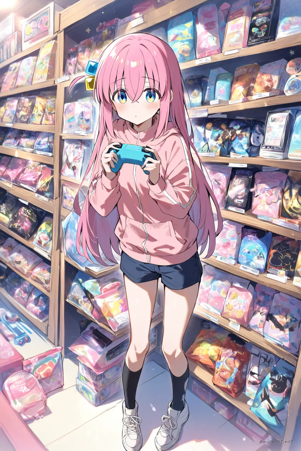 Full body front view of Hitori Gotoh in pastel pink star print hoodie with white fleece lining, light blue short shorts, mismatched knee-high socks, white sneakers, holding game controller and snack bag, seated on bedroom carpet